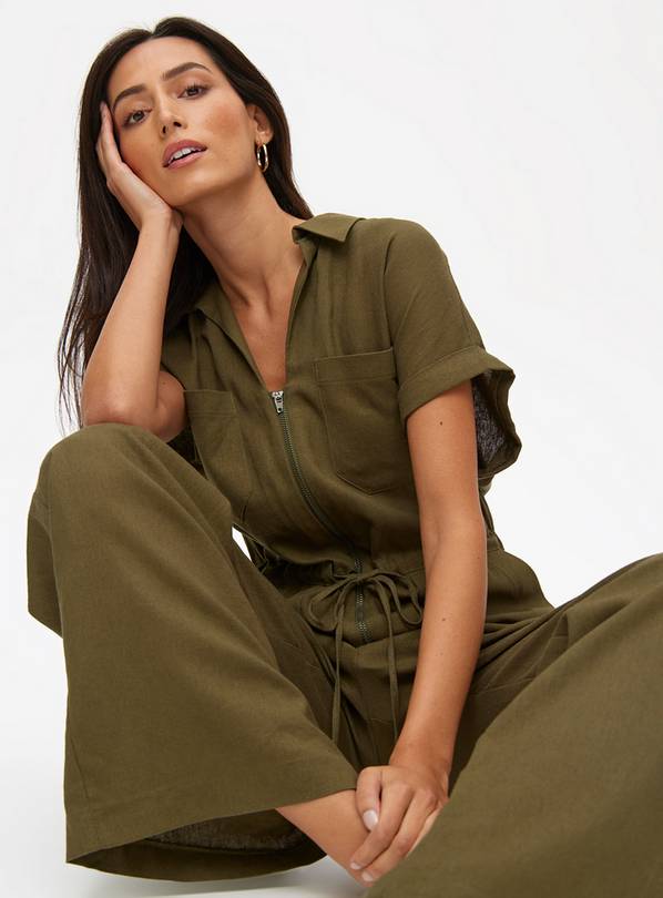 Khaki Linen Blend Utility Tie Waist Jumpsuit  24