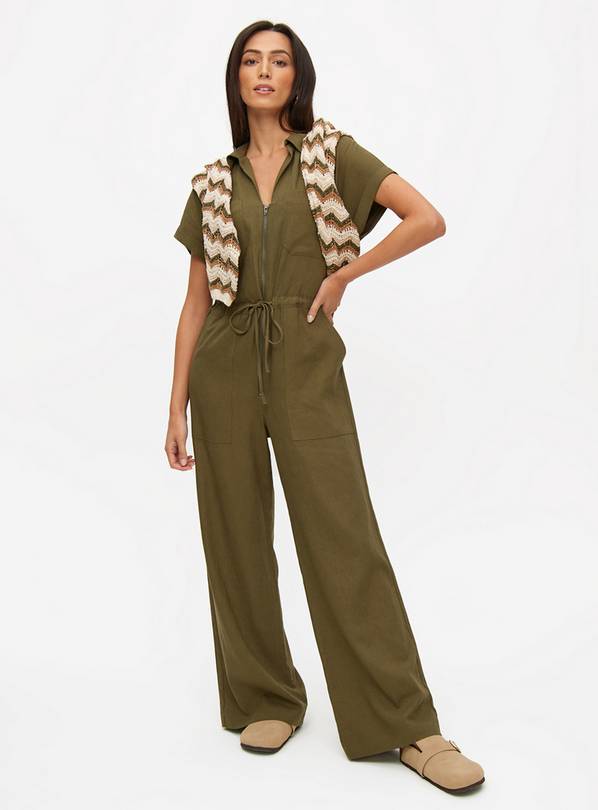 Buy Khaki Linen Blend Utility Tie Waist Jumpsuit 10 Jumpsuits and playsuits Tu