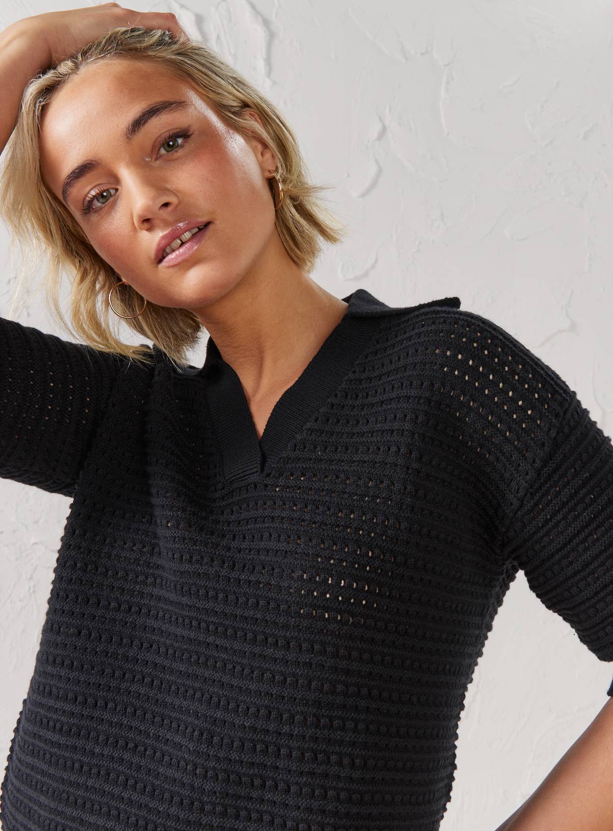 EVERBELLE Black Open Stitch Polo Knitted Top L - Image 2