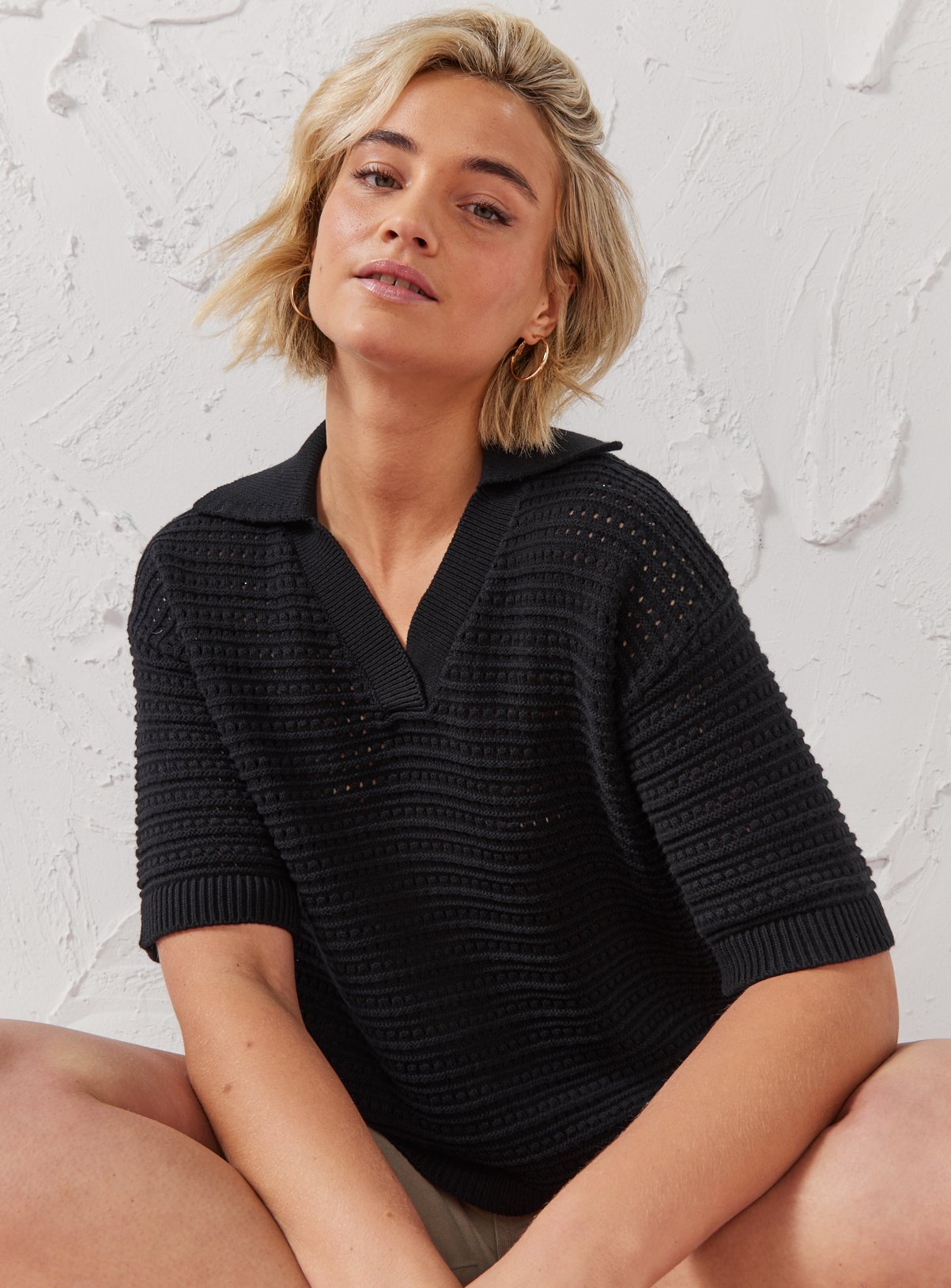 EVERBELLE Black Open Stitch Polo Knitted Top L - Image 3 thumbnail