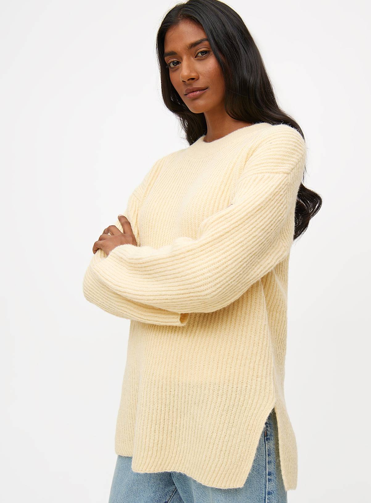 Pale Yellow Side Split Relaxed Knitted Jumper S - Image 1