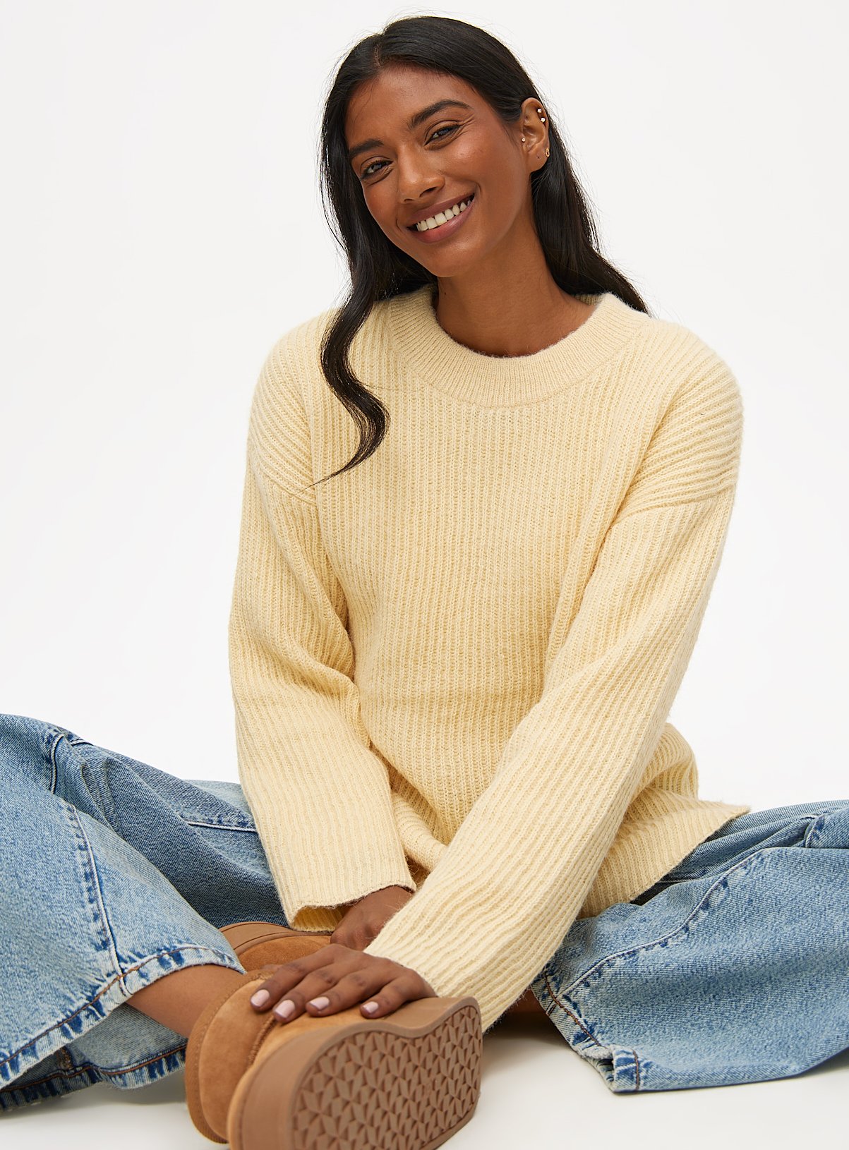Pale Yellow Side Split Relaxed Knitted Jumper S - Image 2 thumbnail
