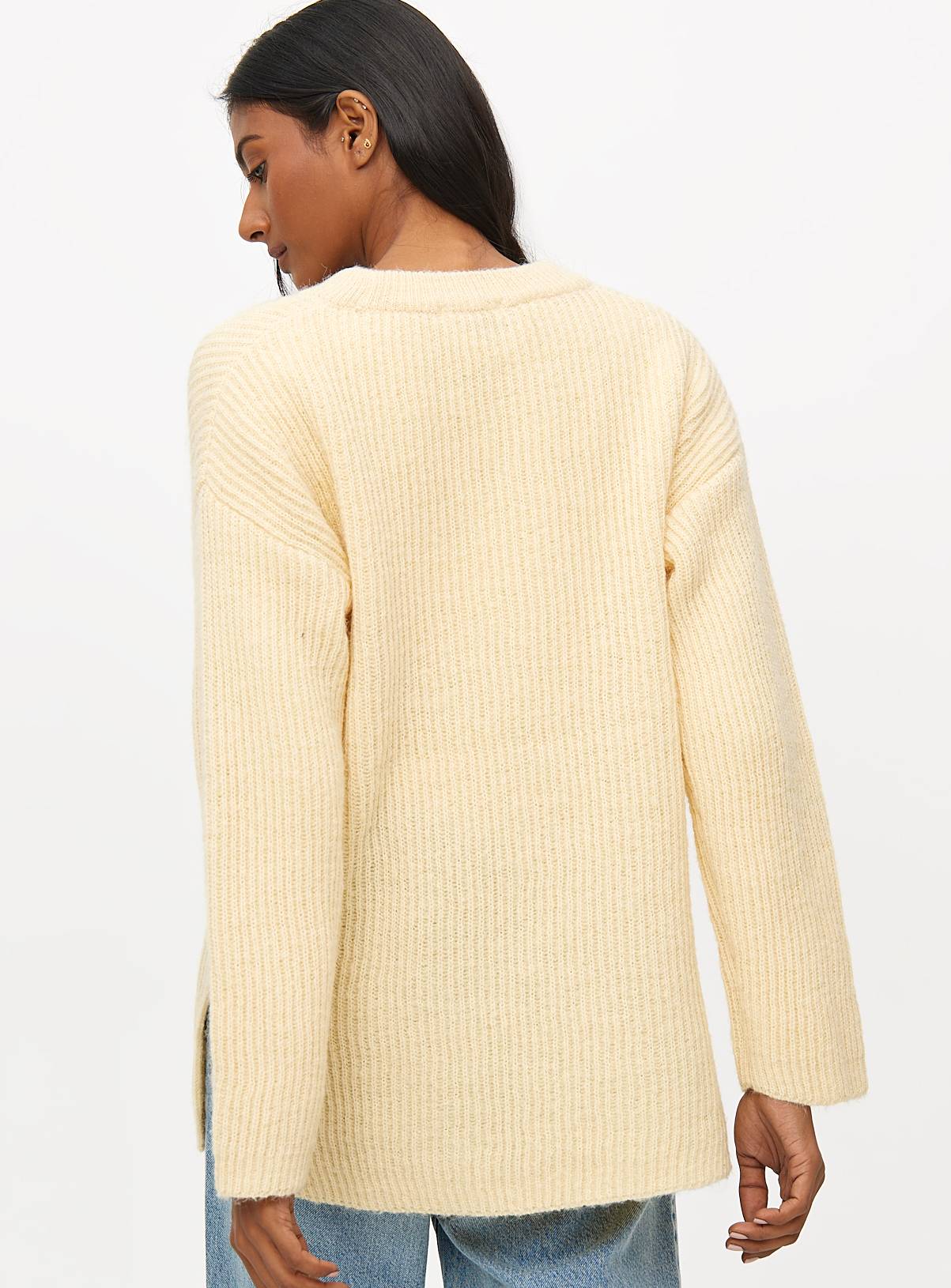 Pale Yellow Side Split Relaxed Knitted Jumper S - Image 4