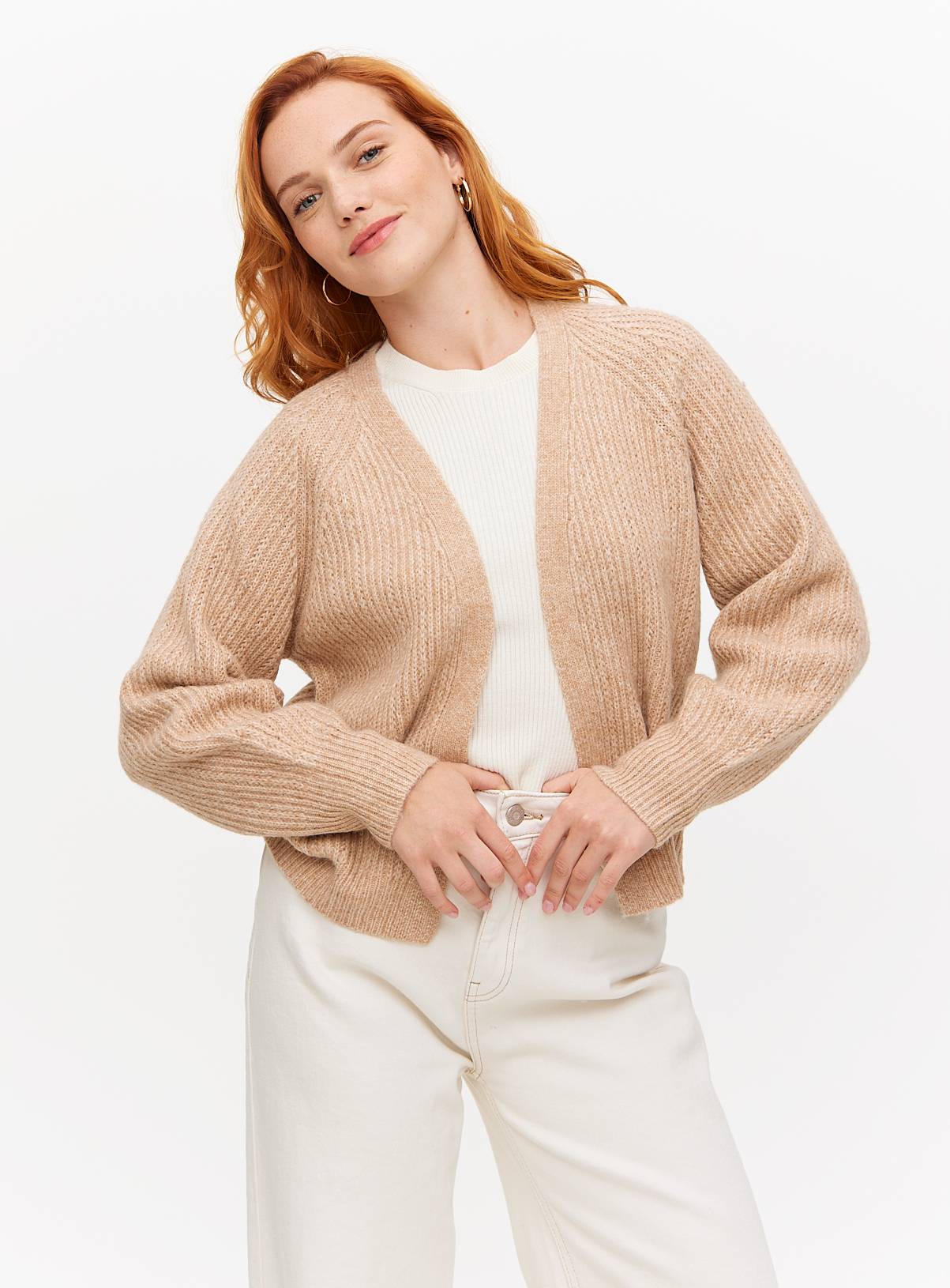 Tan Cropped Slouch Cardigan L - Image 1