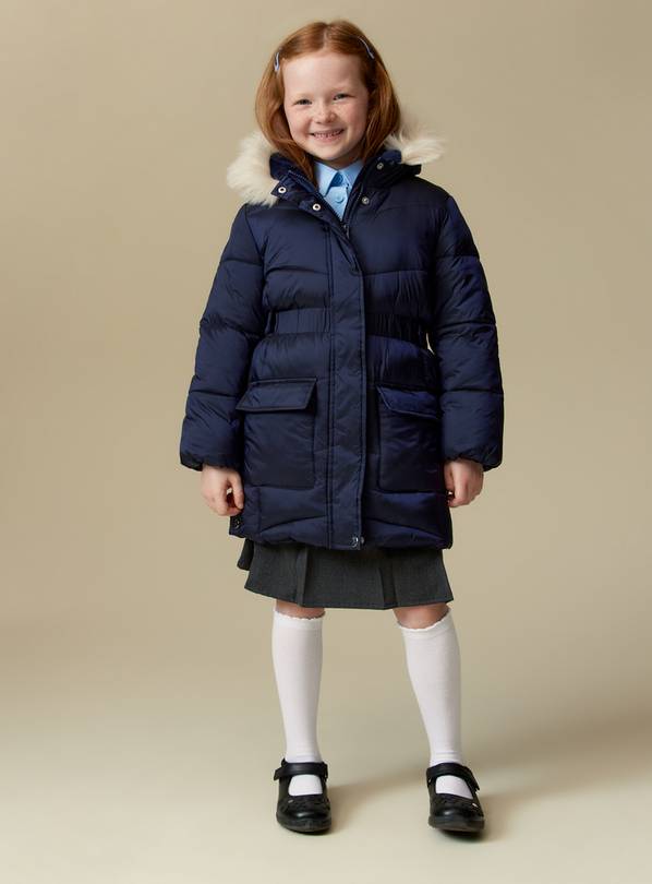 Navy Faux Fur Hooded Longline Puffer Coat 5-6 years