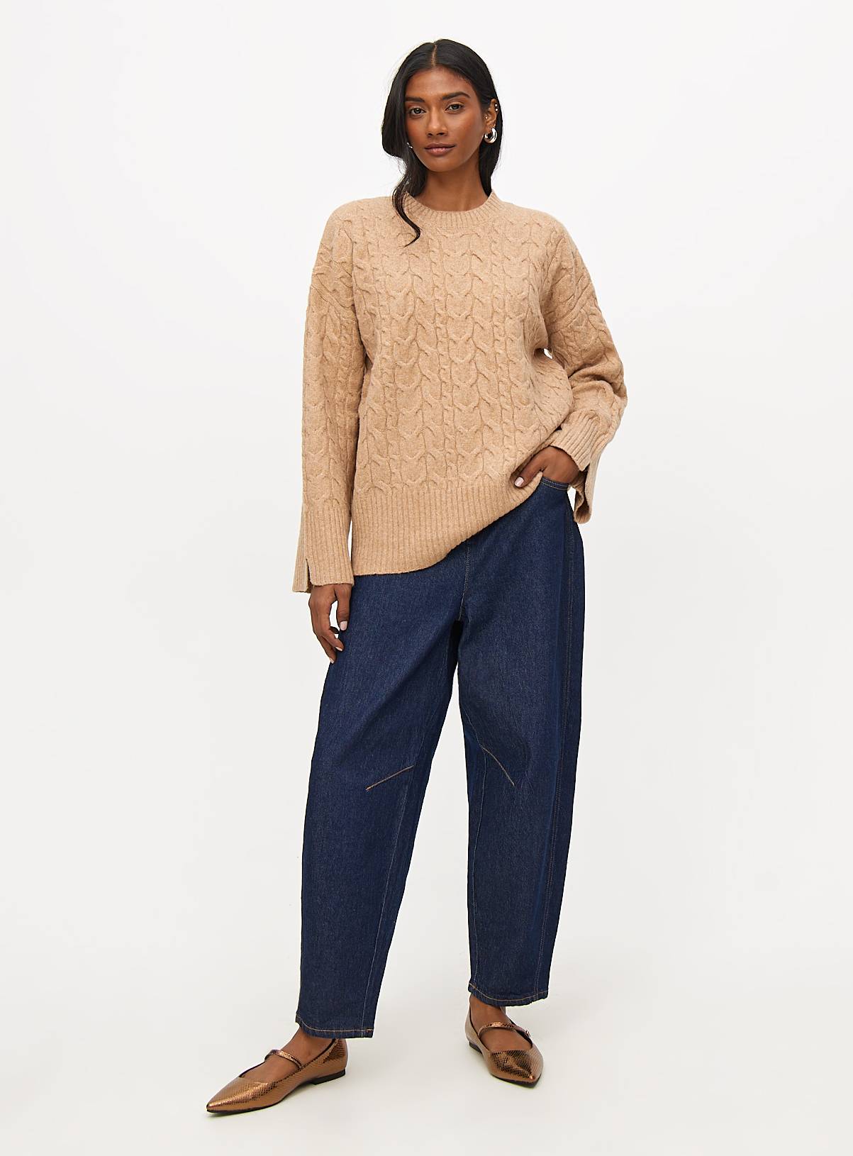 Tan Wide Sleeve Cable Knitted Jumper 14 - Image 3