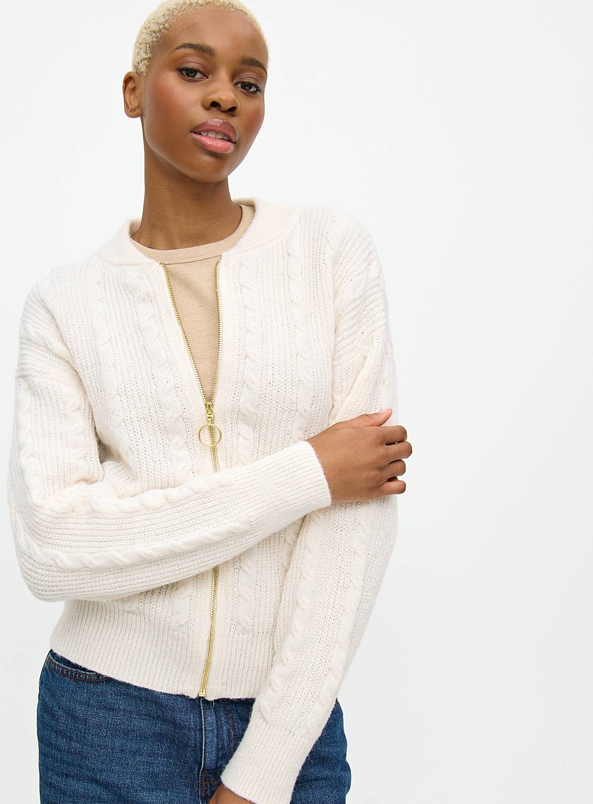 Cream Cable Knit Bomber Cardigan 20 - Image 1