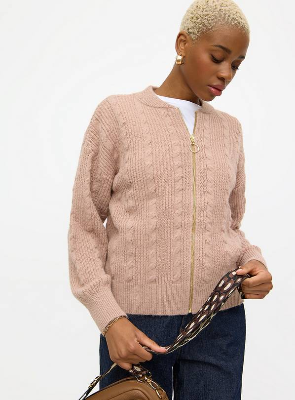 Tan Cable Knit Bomber Cardigan 16