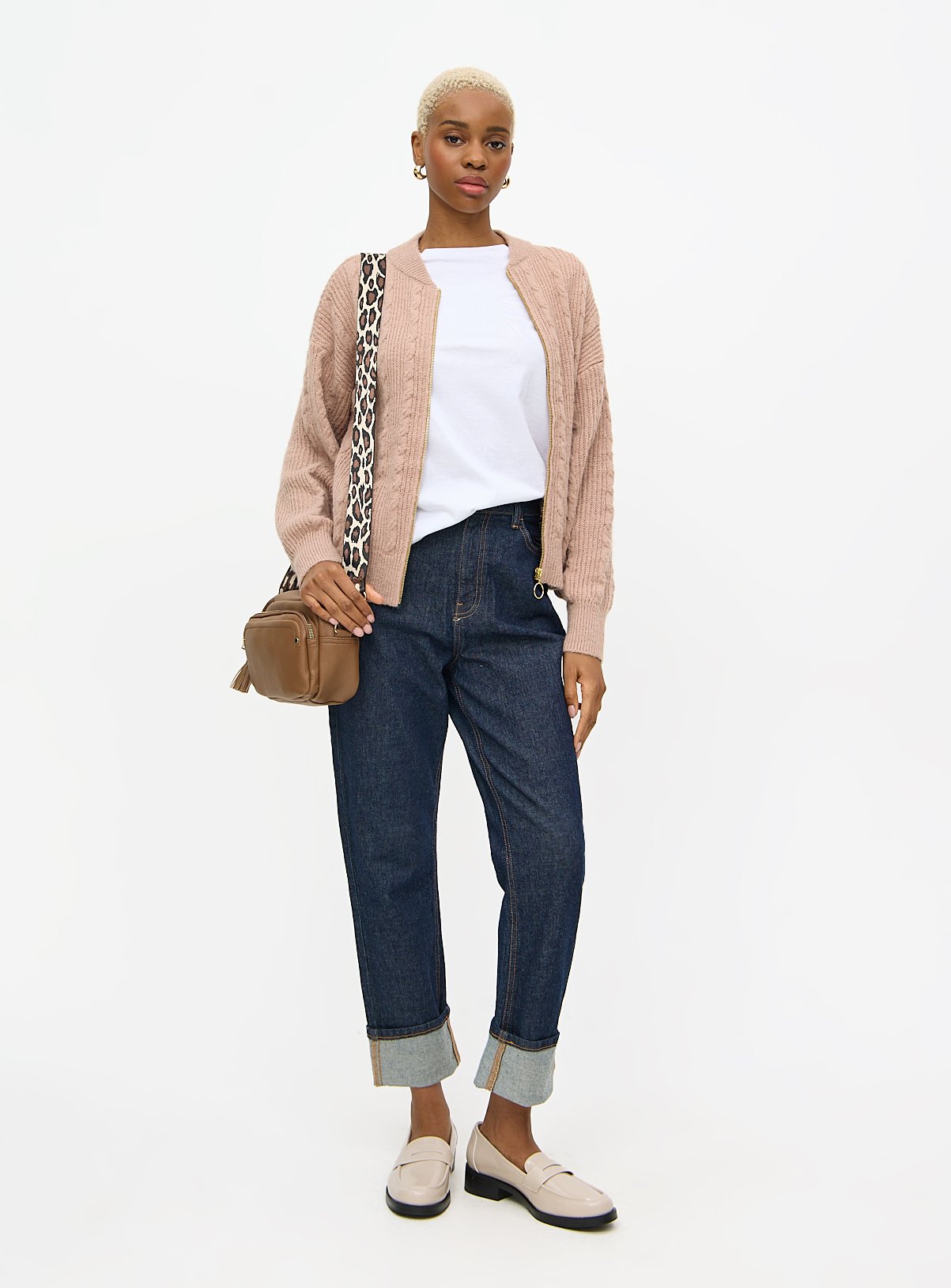 Tan Cable Knit Bomber Cardigan 24 - Image 2 thumbnail