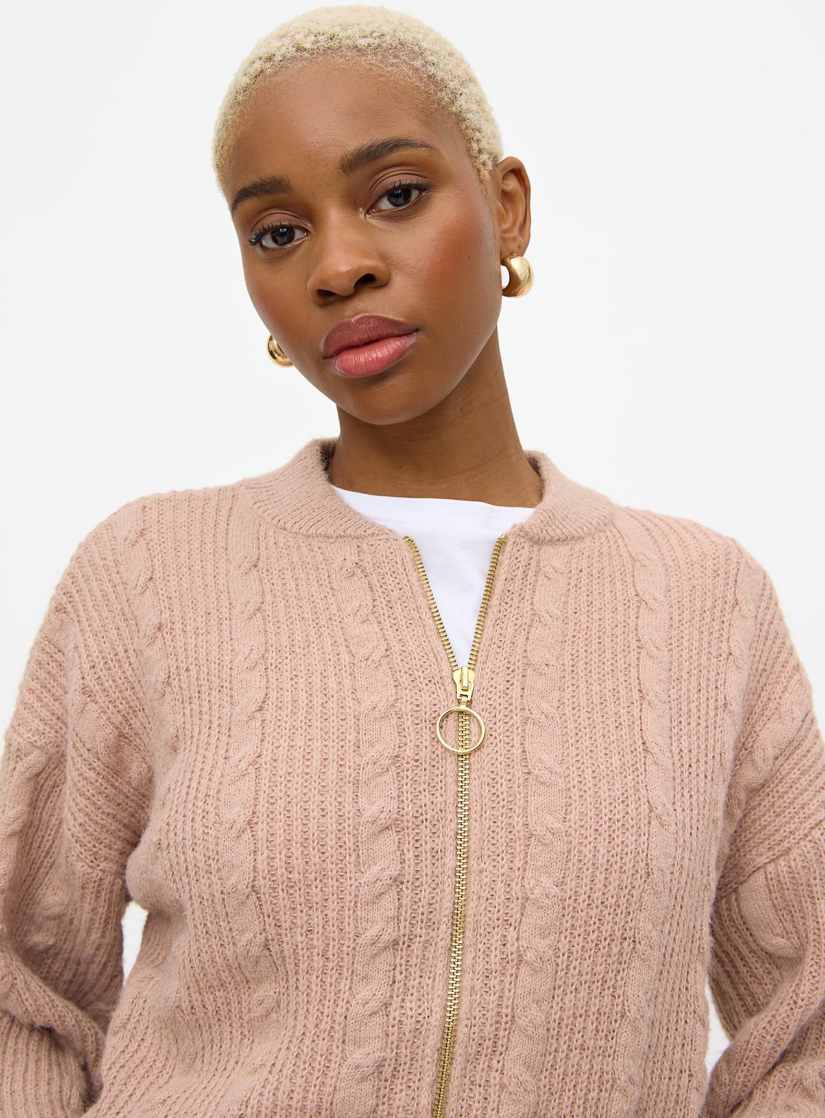 Tan Cable Knit Bomber Cardigan 24 - Image 3 thumbnail