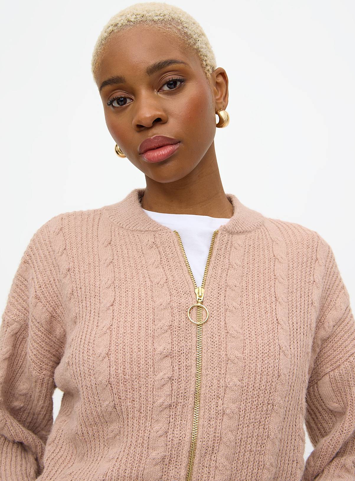 Tan Cable Knit Bomber Cardigan 24 - Image 3