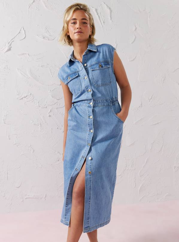 EVERBELLE Mid Wash Denim Sleeveless Midi Shirt Dress 20