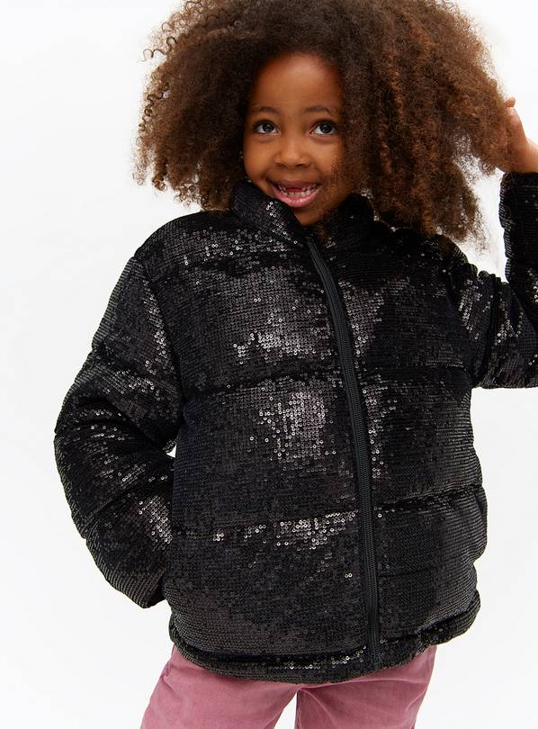 Black Short Sequin Puffer Jacket  5-6 years