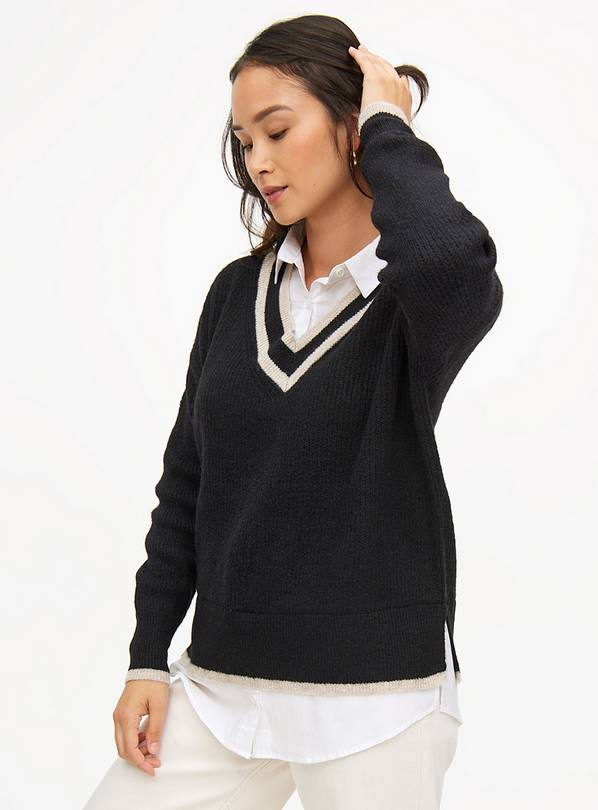 Black Stripe V Neck Shirt Collar Jumper  14