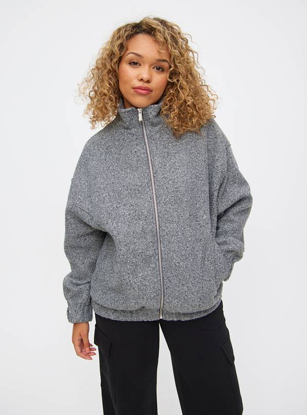 Grey Funnel Neck Boucle Bomber Jacket XL