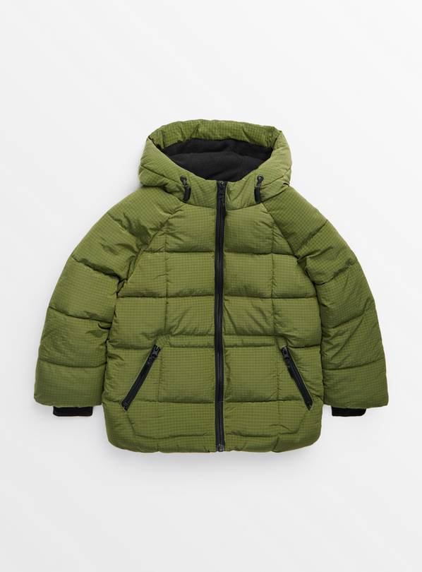 Khaki Grid Print Hooded Puffer Coat 5-6 years