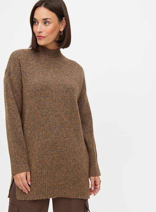 Brown High Neck Knitted Tunic Jumper L