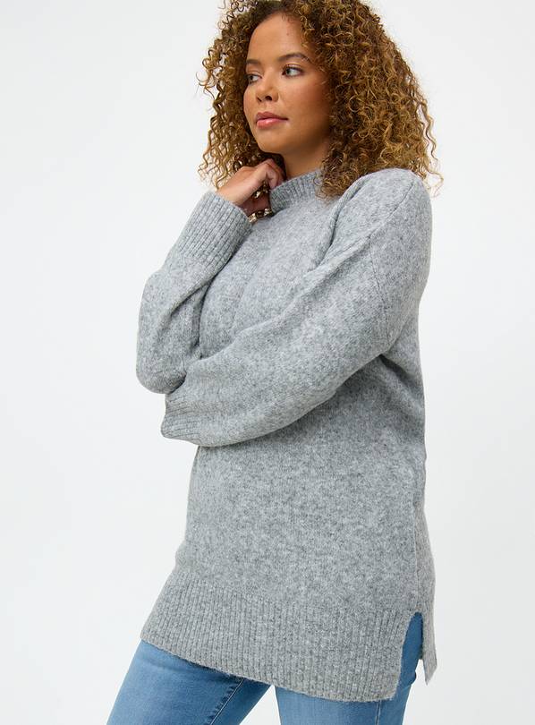 Grey High Neck Knitted Tunic Jumper L