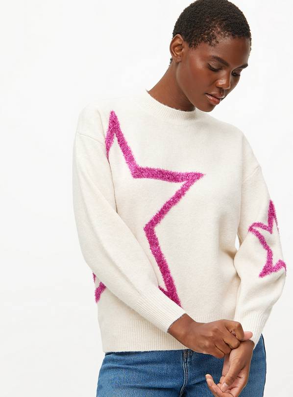 Cream Tinsel Pink Star Detail Knitted Jumper  14