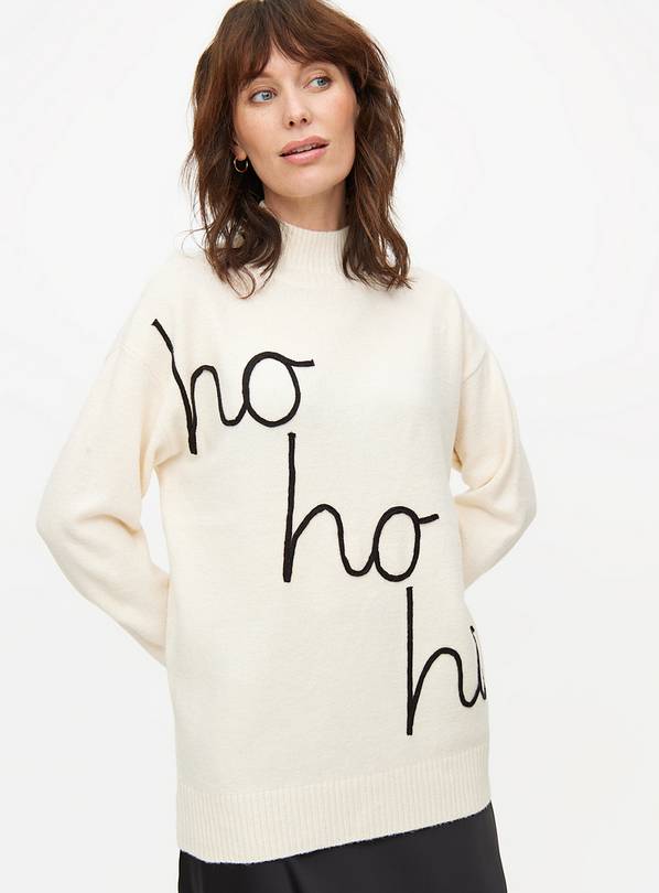 Cream Ho Ho Ho Slogan High Neck Knitted Jumper 16