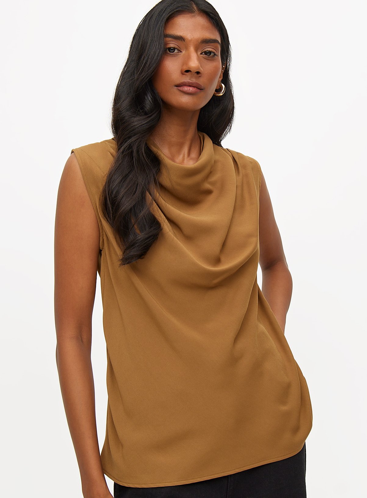 Tan Cowl Neck Sleeveless Blouse 14 - Image 1 thumbnail