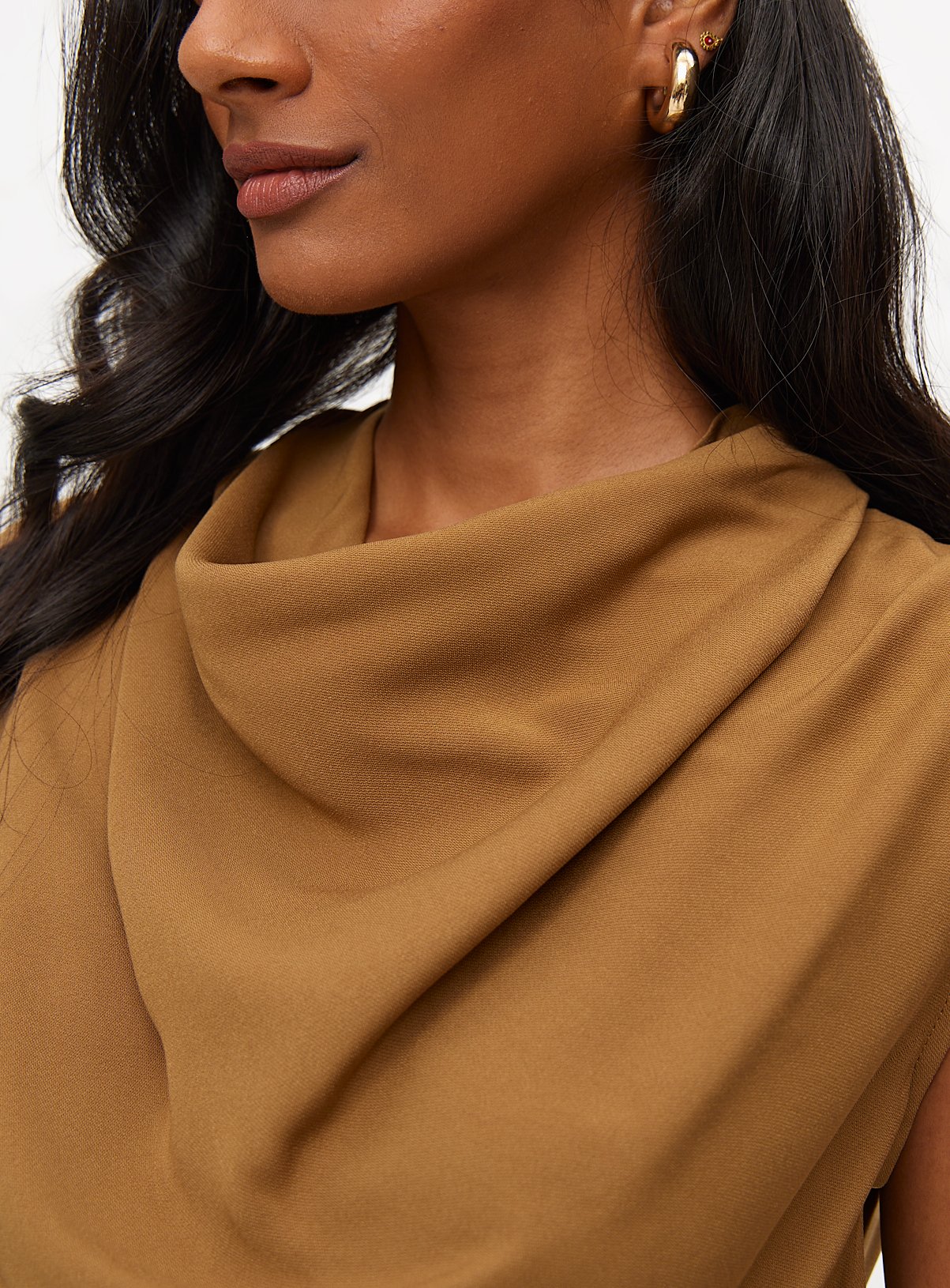 Tan Cowl Neck Sleeveless Blouse 20 - Image 3 thumbnail