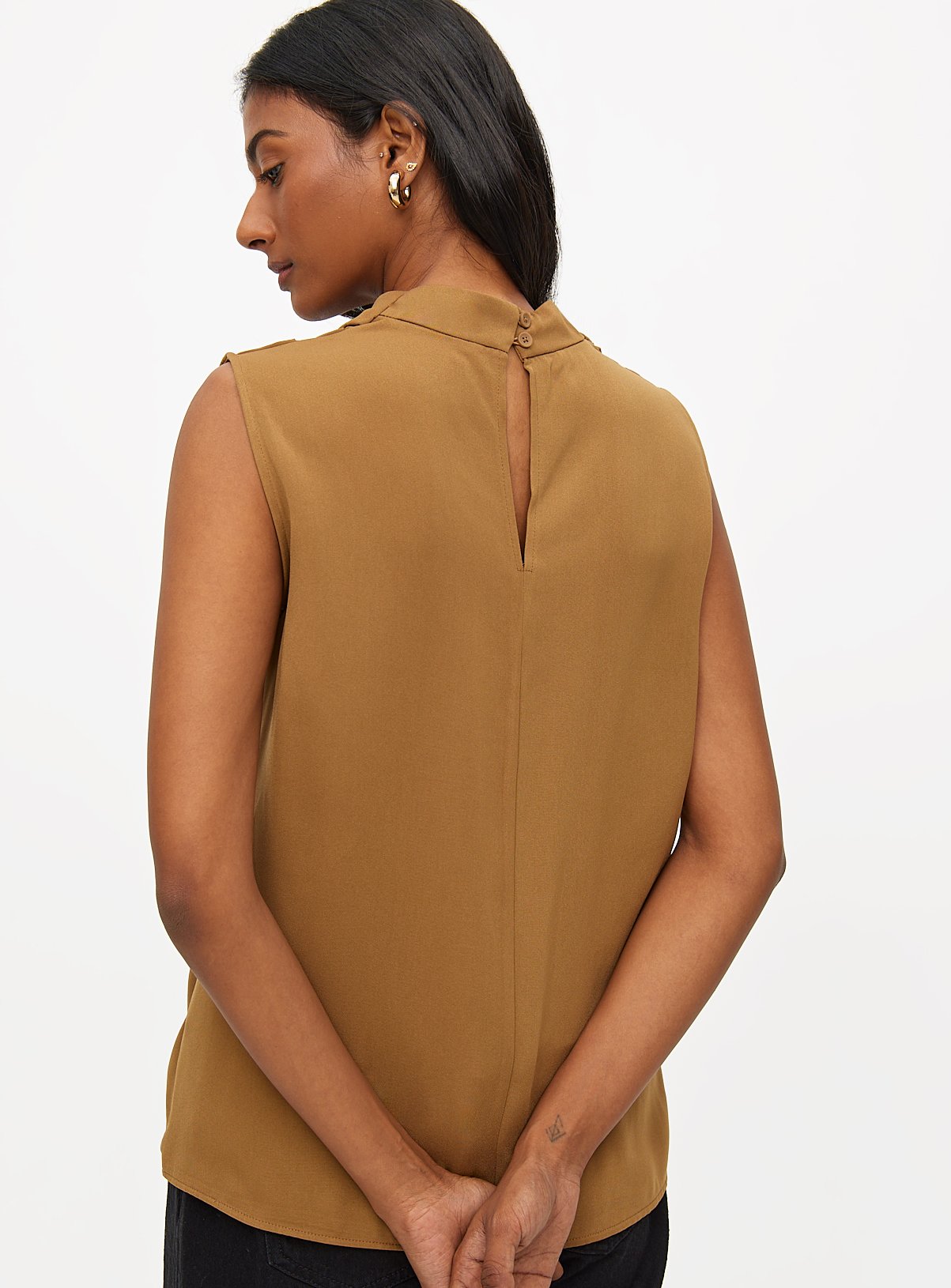 Tan Cowl Neck Sleeveless Blouse 20 - Image 4 thumbnail