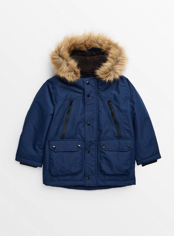 Navy Faux Fur Hooded Parka Coat  7-8 years