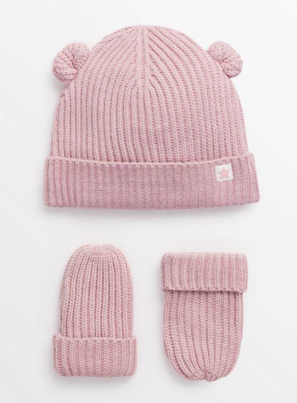 Pink Hat & Mittens Knitted Set Newborn