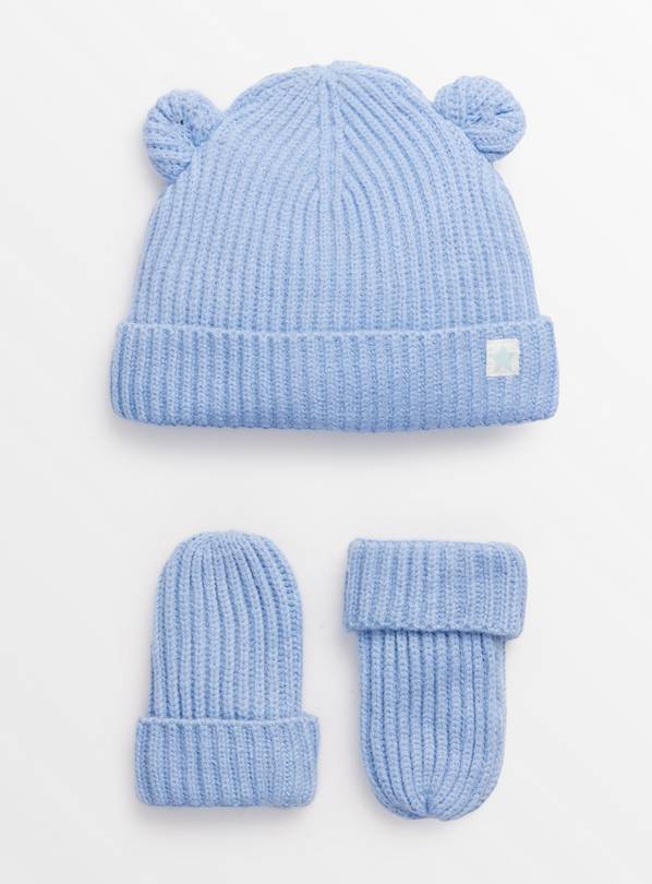 Blue Knitted Hat & Mittens Set 3-6 months