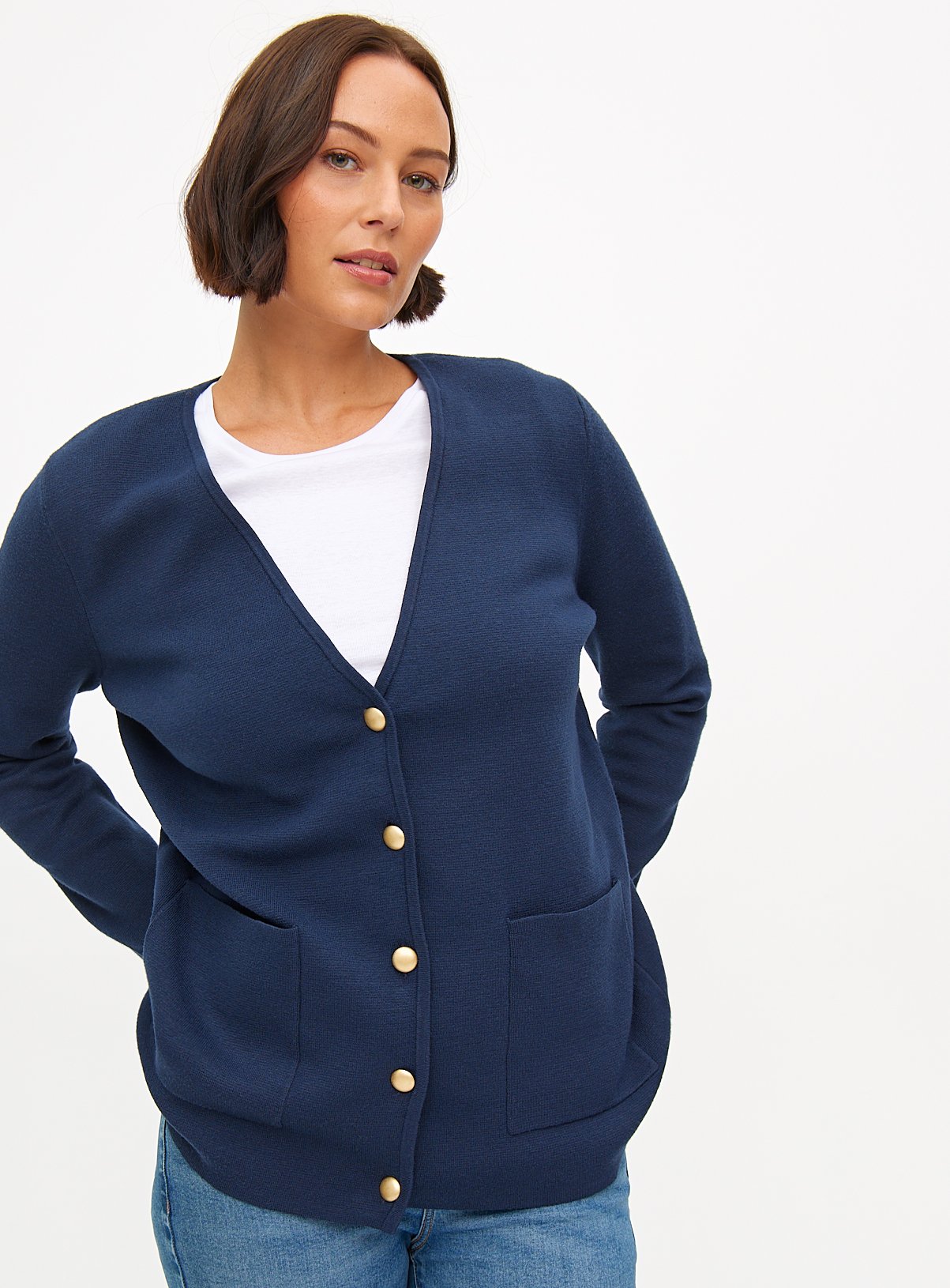 Navy V-Neck Longline Cardigan 20 - Image 1 thumbnail