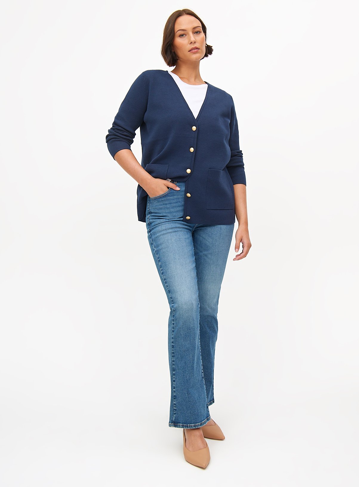 Navy V-Neck Longline Cardigan 20 - Image 3 thumbnail