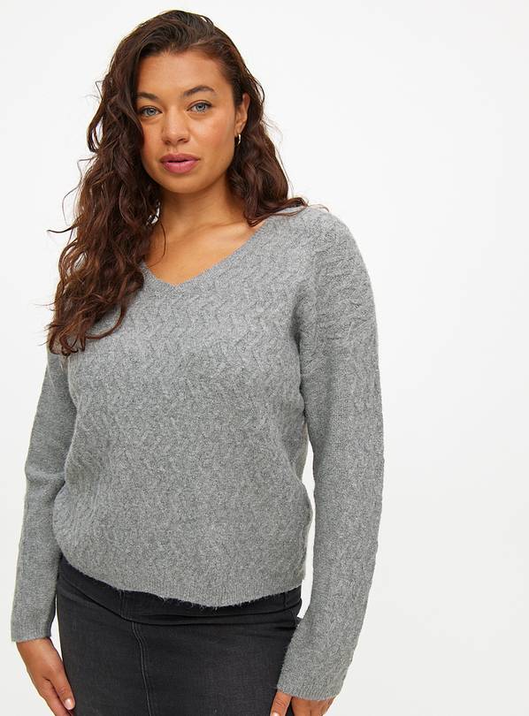 Grey Relaxed V Neck Cable Knitted Jumper 22
