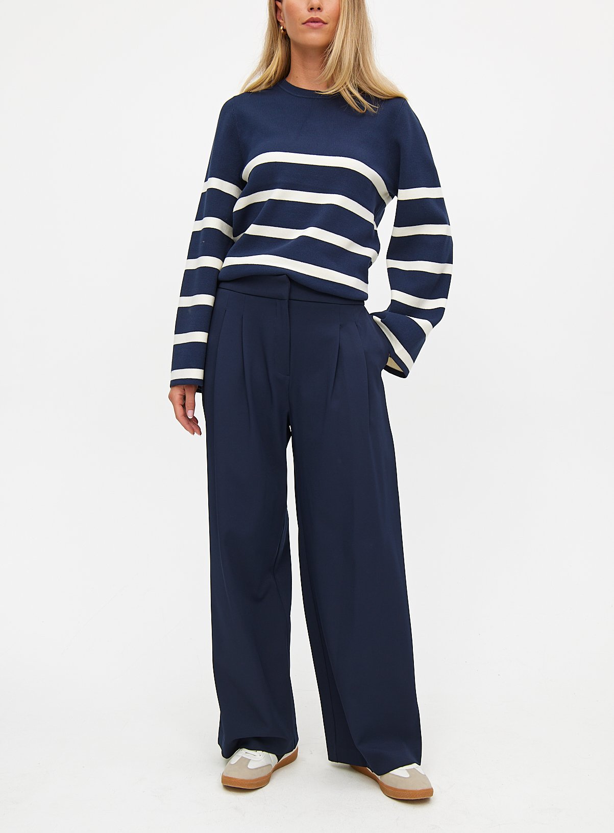 Navy Pleat Front Wide Leg Trousers  18L - Image 1 thumbnail