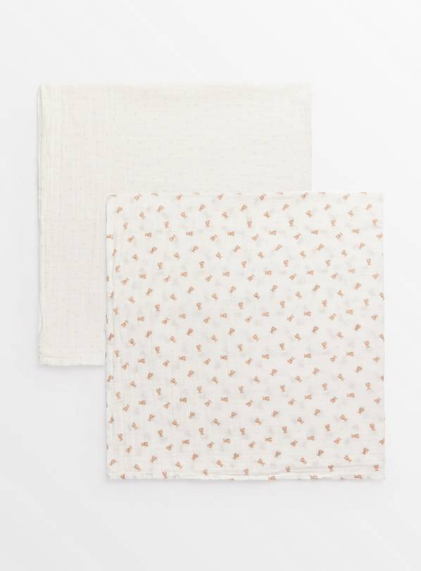 Bear & Polka Dot Print Large Muslin Squares 2 Pack One Size