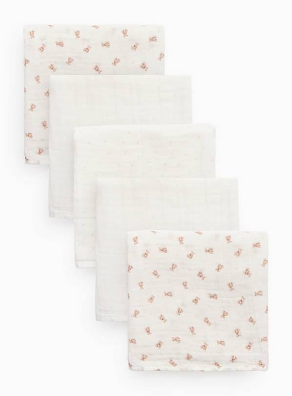 Cream Bear Print Muslin Squares 5 Pack One Size