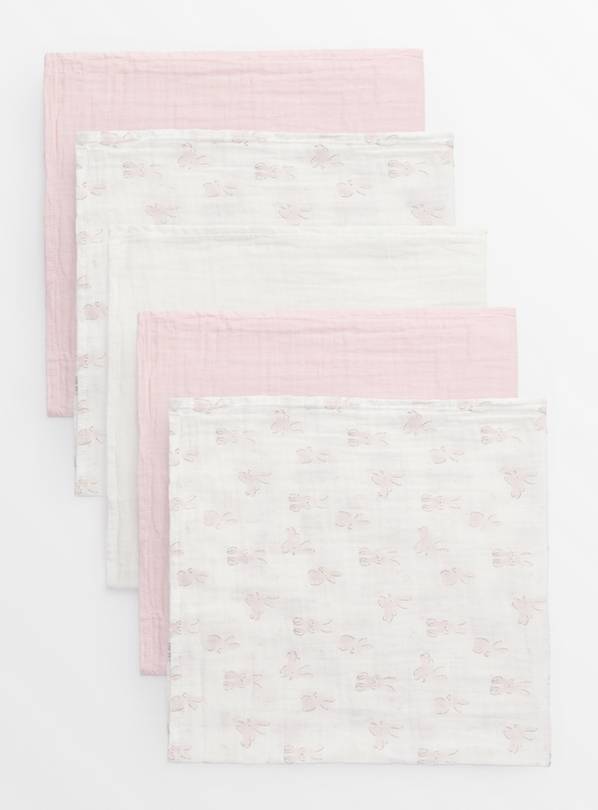 Pink Bunny Print & White Muslin Squares 5 Pack One Size