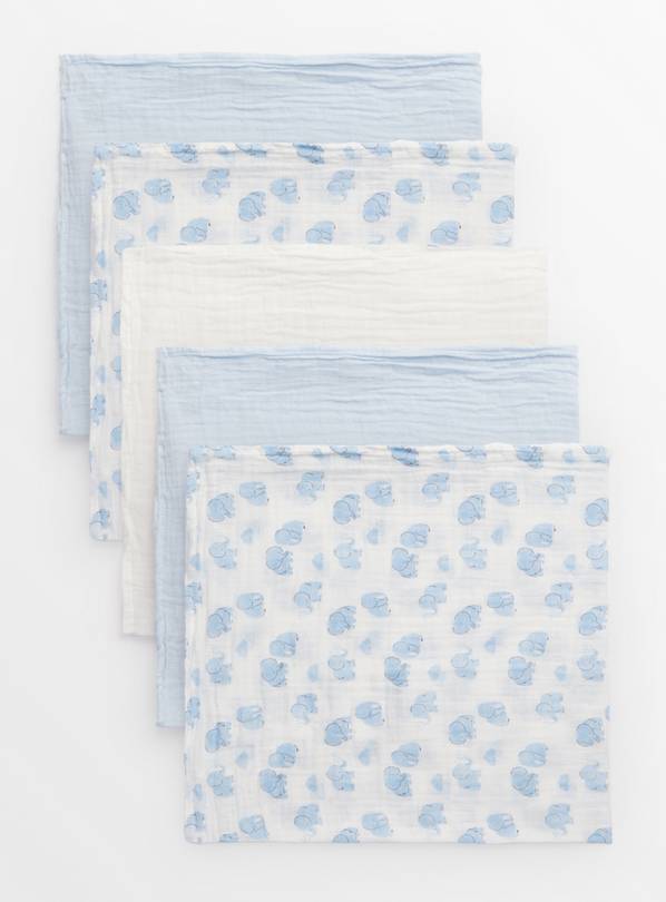 Blue Elephant Print & White Muslin Squares 5 Pack One Size