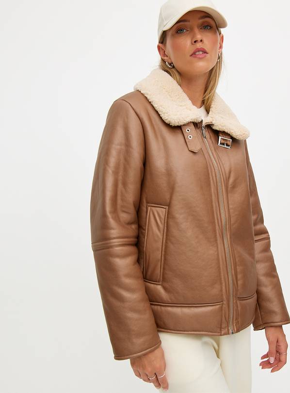 Buy Tan Faux Leather Shearling Biker Jacket 10 Jackets Tu