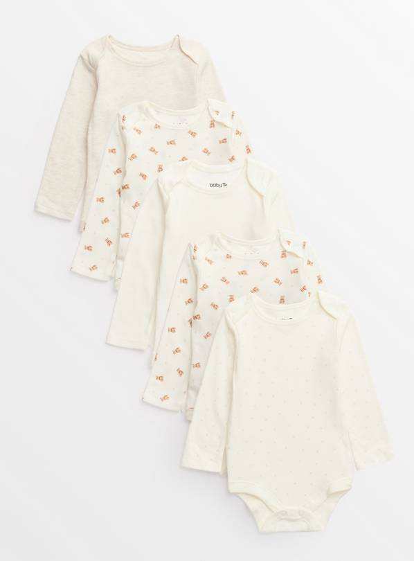 Cream Bear Print Long Sleeve Bodysuits 5 Pack 2-3 years