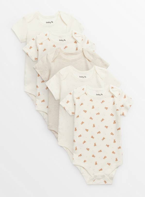 Cream Bear Print Short Sleeve Bodysuits 5 Pack Newborn