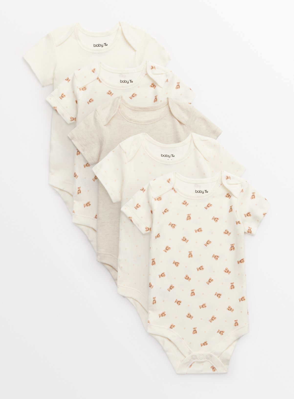 Cream Bear Print Short Sleeve Bodysuits 5 Pack Up to 1 mth