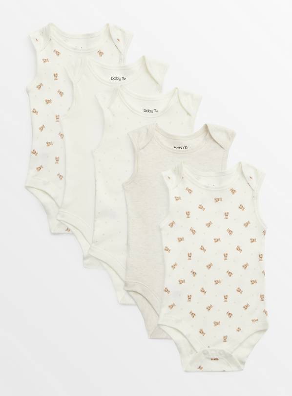 Cream Bear Print Short Sleeve Bodysuits 5 Pack Tiny Baby