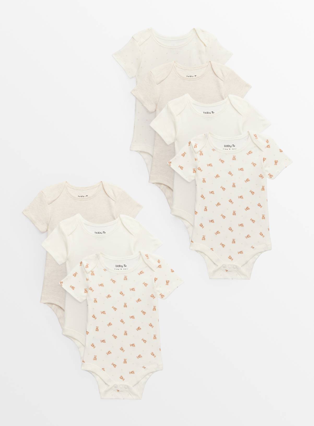 Cream Bear Print Short Sleeve Bodysuits 7 Pack Up to 3 mths - Image 1