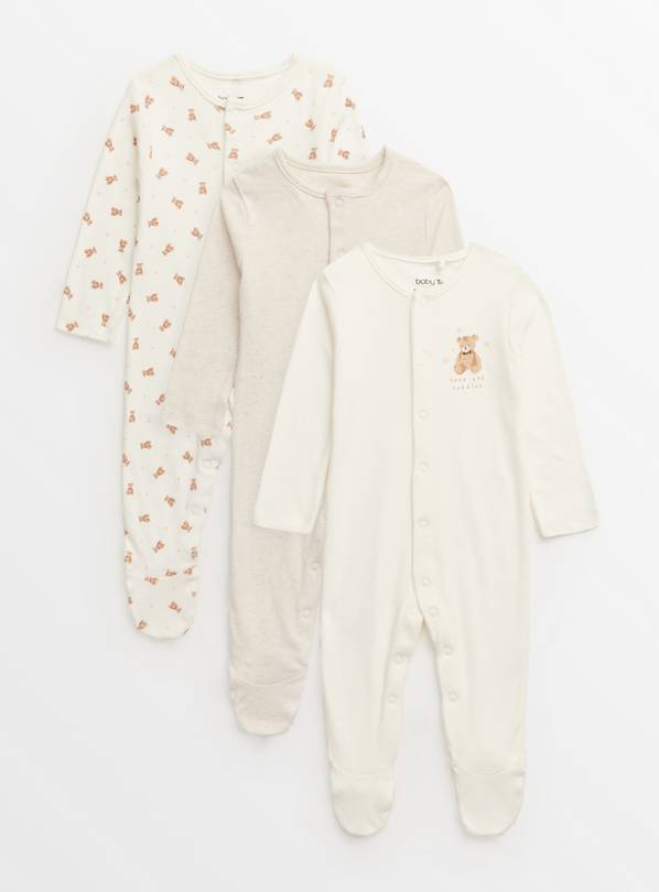 Cream Bear Print Sleepsuits 3 Pack Newborn