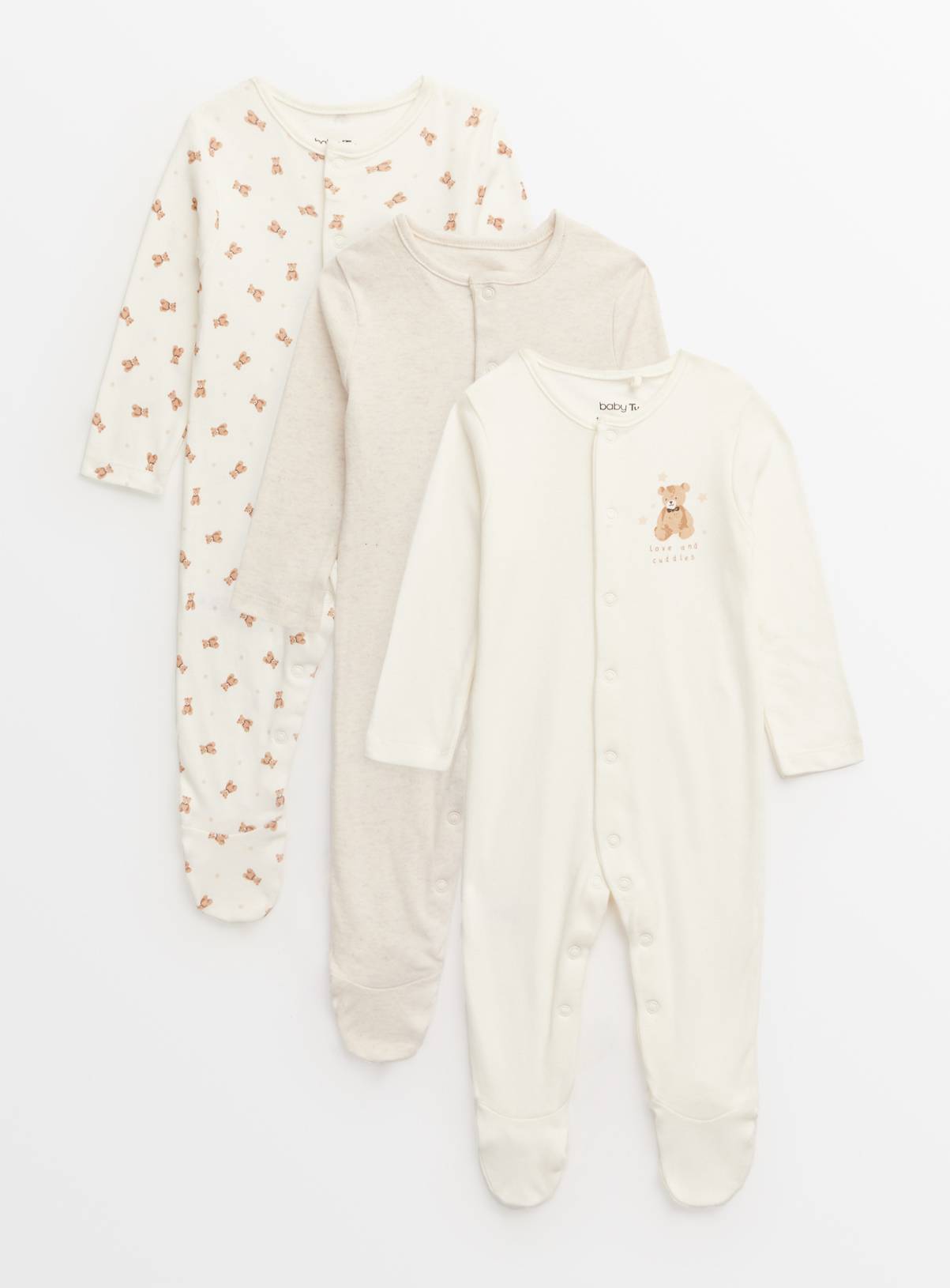 Cream Bear Print Sleepsuits 3 Pack Newborn - Image 1