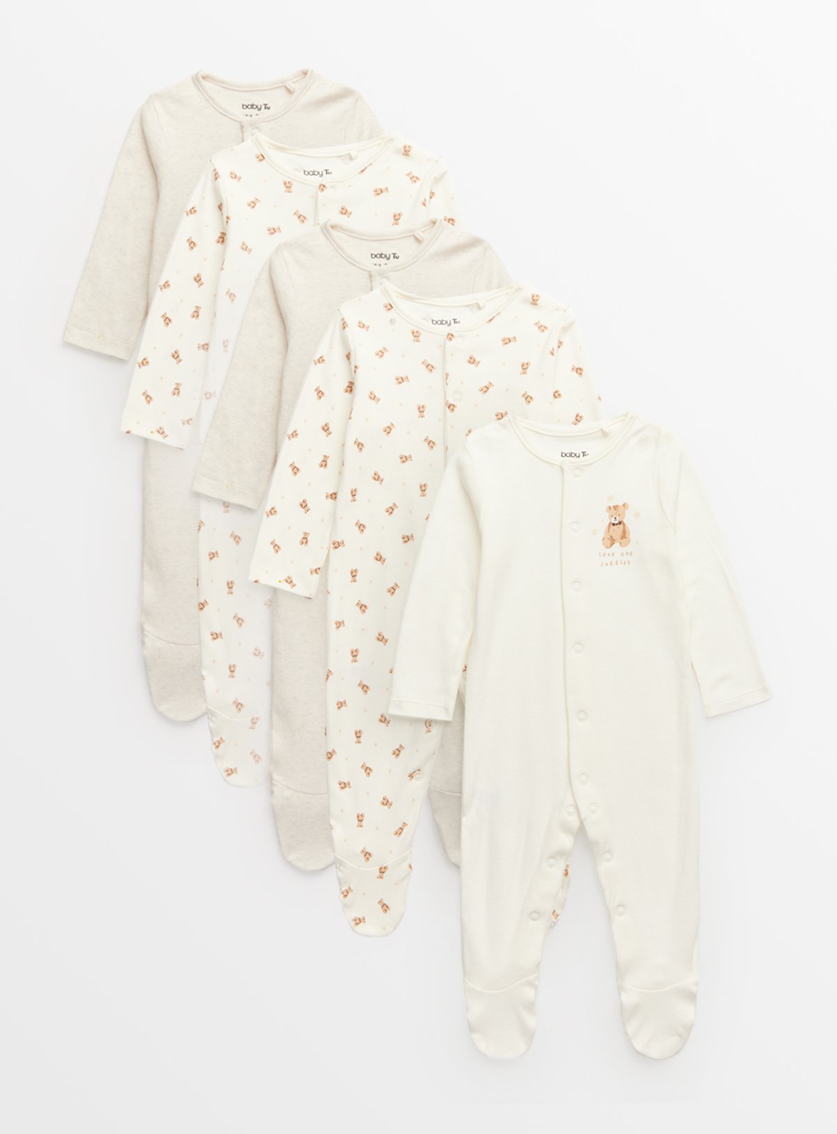 Cream Bear Print Sleepsuits 5 Pack 9-12 months - Image 1 thumbnail