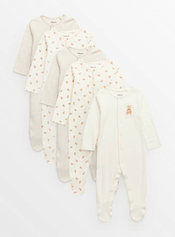 Cream Bear Print Sleepsuits 5 Pack Tiny Baby