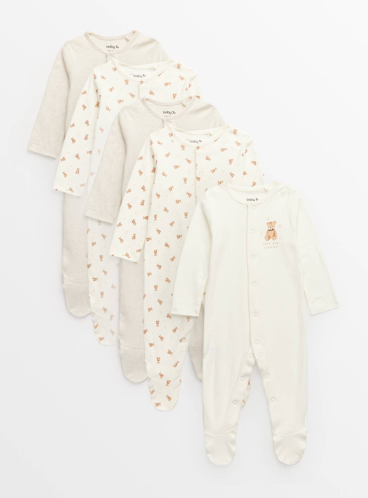 Cream Bear Print Sleepsuits 5 Pack 9-12 months - Image 1