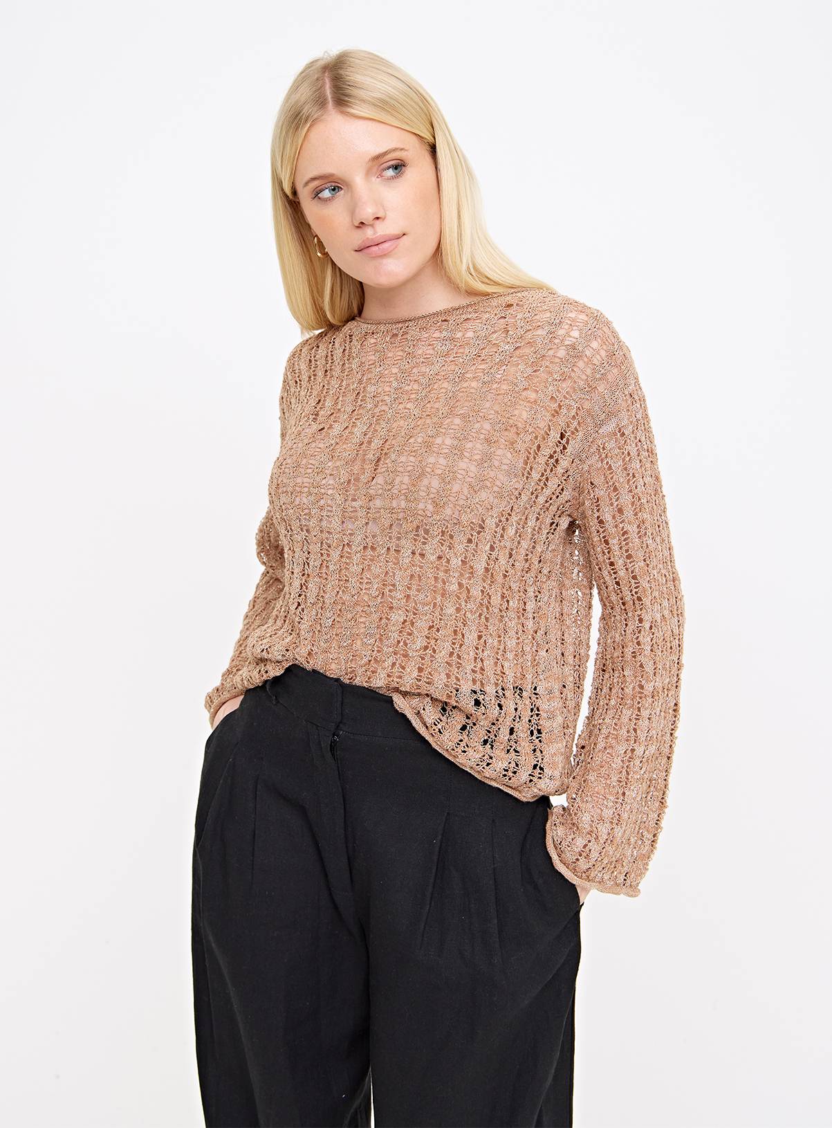 Tan Pointelle Metallic Open Knit Jumper 8 - Image 1
